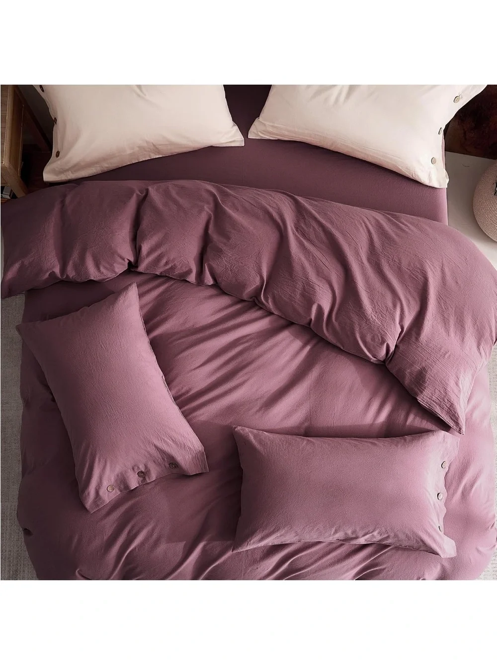NEW JELLYMONI 100% Washed Cotton Deep Rose Duvet Cover Set, Linen-Like. Twin